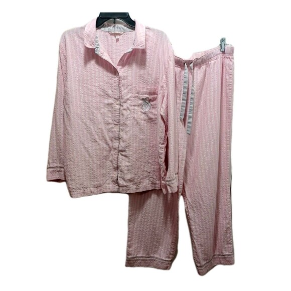 Victoria's Secret pink and white 2 piece  Striped Pajamas set Size Large - Picture 1 of 9